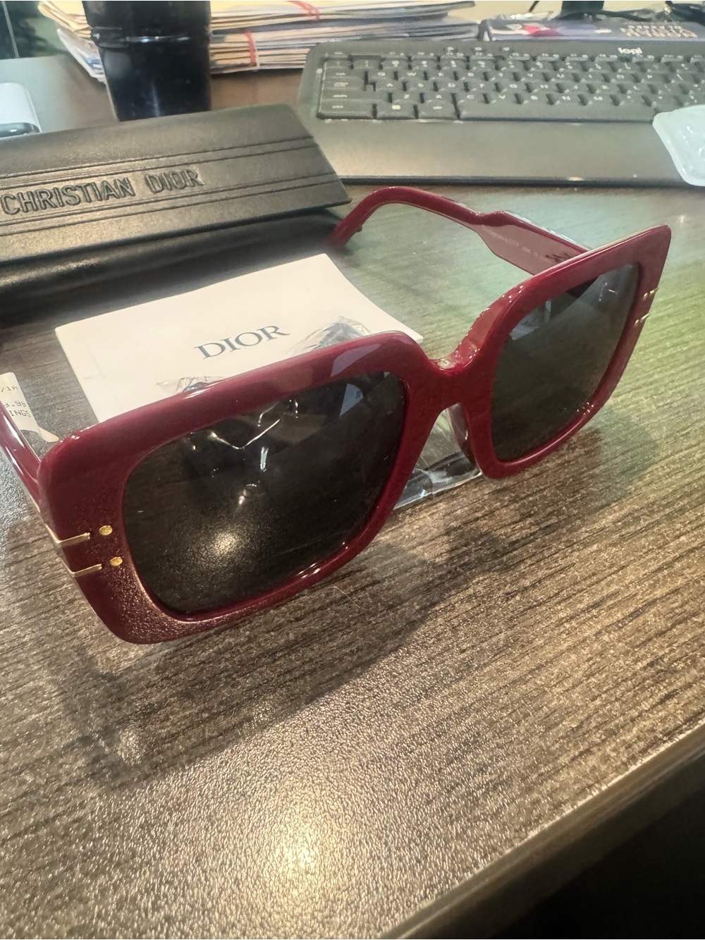 Dior Deep Red Square Sunglasses with Dark Lenses NWT